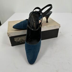 Amalfi Womens 1960s Vintage Slingback Heels Size 9AA Blue‎ Suede Old Money Chic